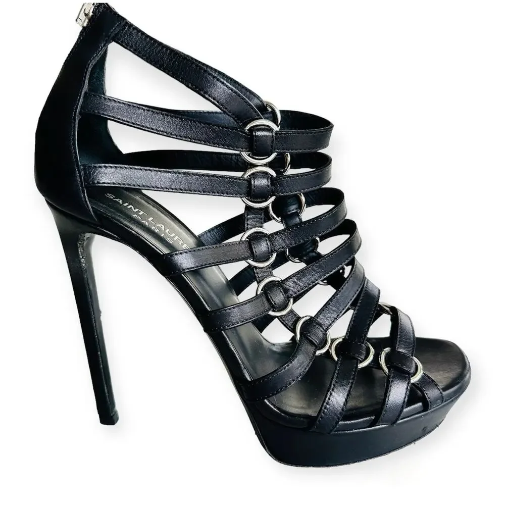 Saint Laurent Nina Cage Sandals Size 38.5 Calfskin Black w/Box Dustbag 316198